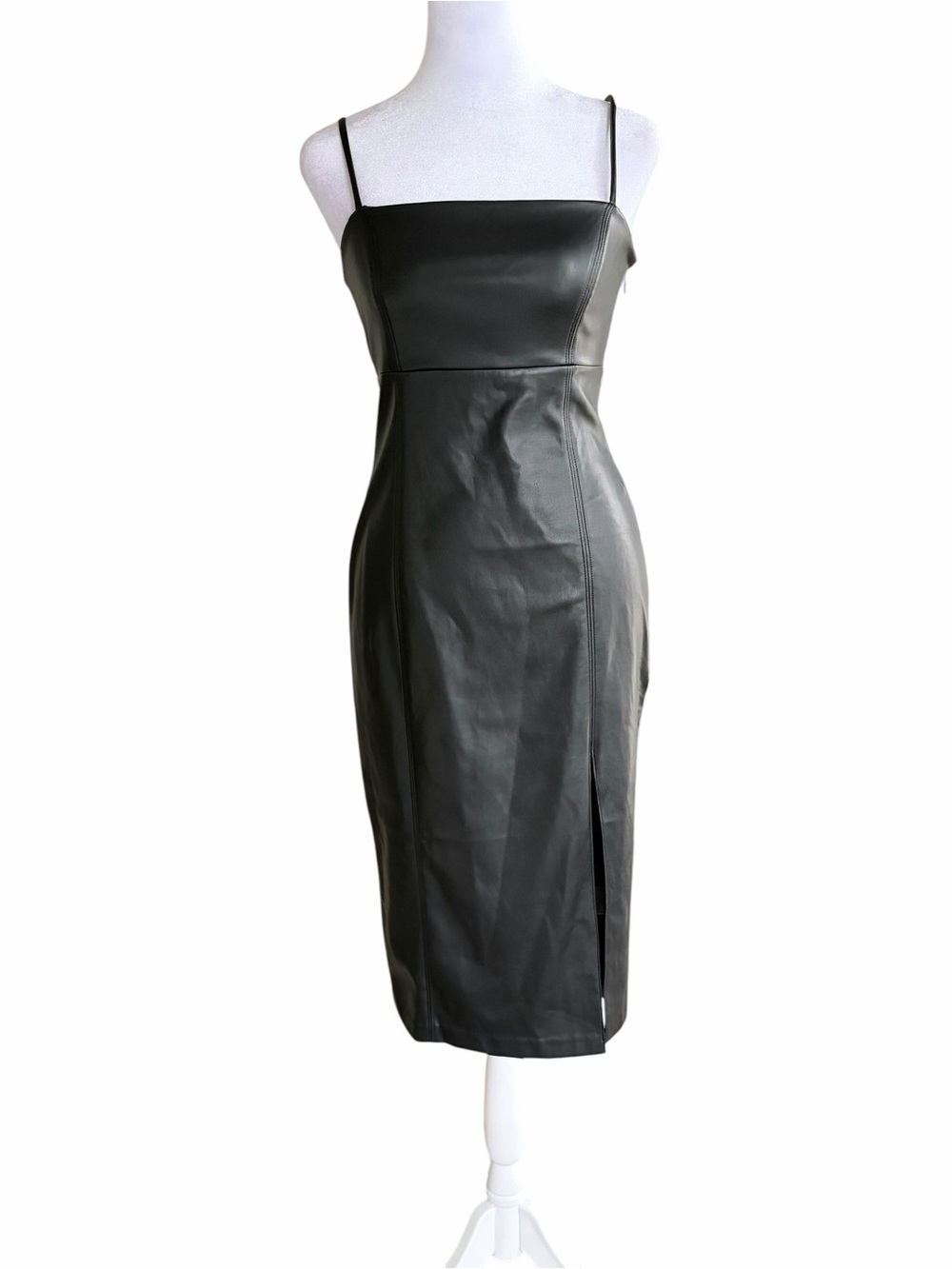 Express Black Faux Leather Slip Midi Dress with Front Slit - Picture 2 of 9